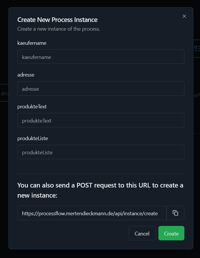 create Instance Dialog